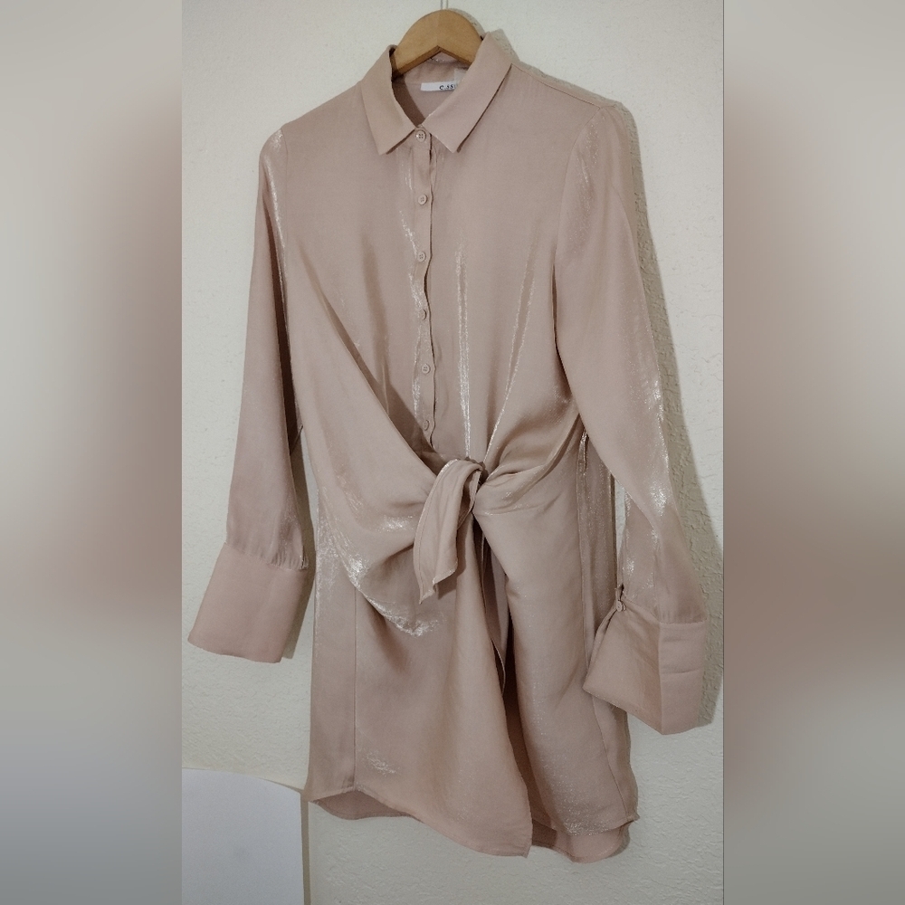 ESSUE Pink Button Down Wrap Front Mini Dress - Picture 4 of 7